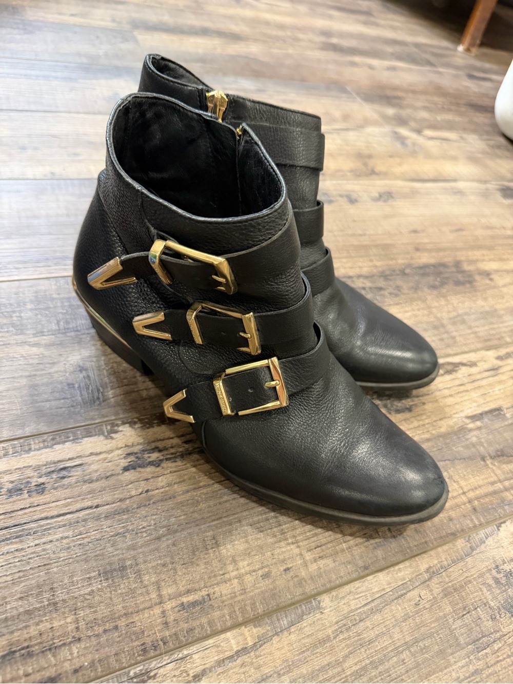 Vince Camuto Women's Black Leather Ankle Boots with Gold Buckles